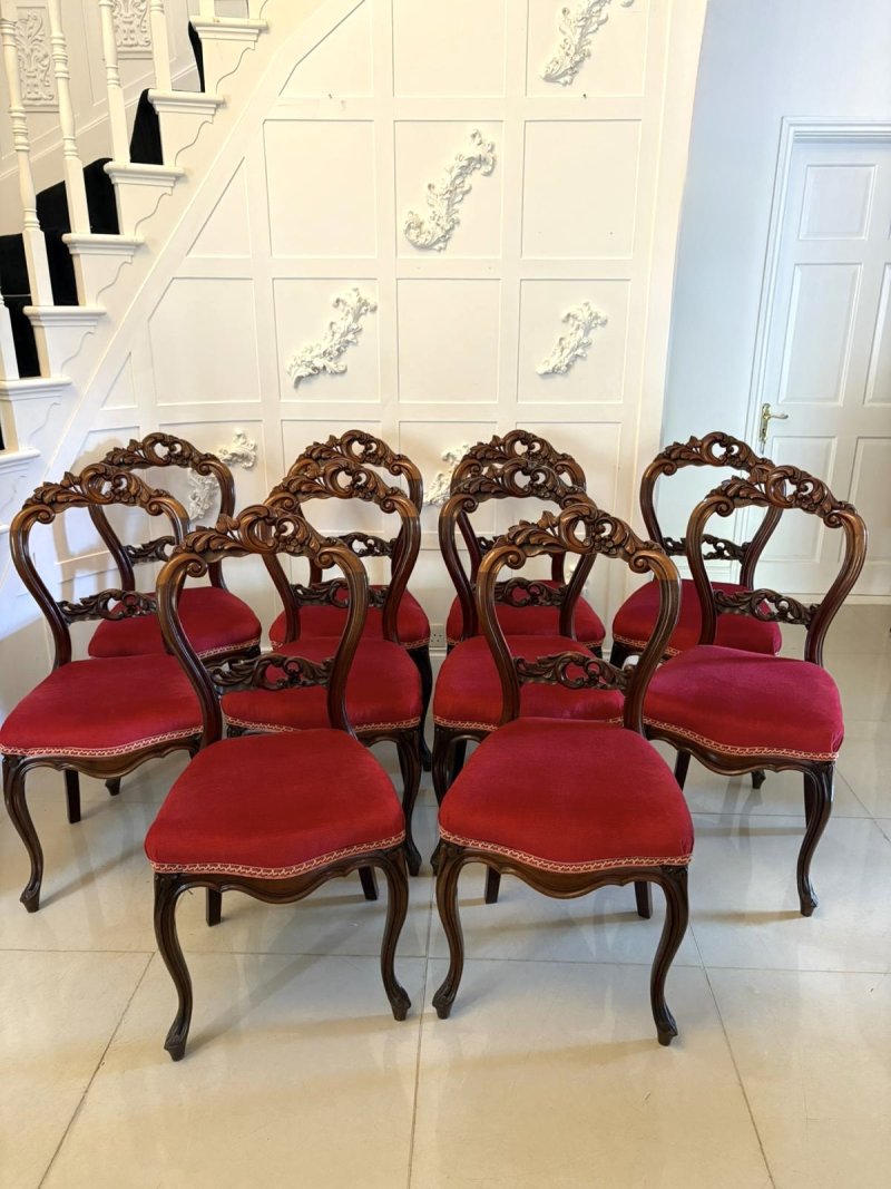 Outstanding Quality Set of 10 Antique Victorian Carved Mahogany Dining Chairs - Image 2